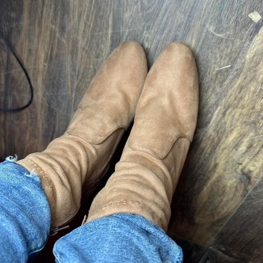 Tan Suede Mid-Calf Boots Clear Block Heel Side Zip Women's Fashion Boots